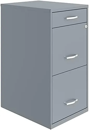 New Space Solutions 18 inch 3 Drawer Metal File Cabinet with Pencil Drawer Grey, Has a ding top front from transport, small minor marks from transport doesnt affect its use! Retails $200 