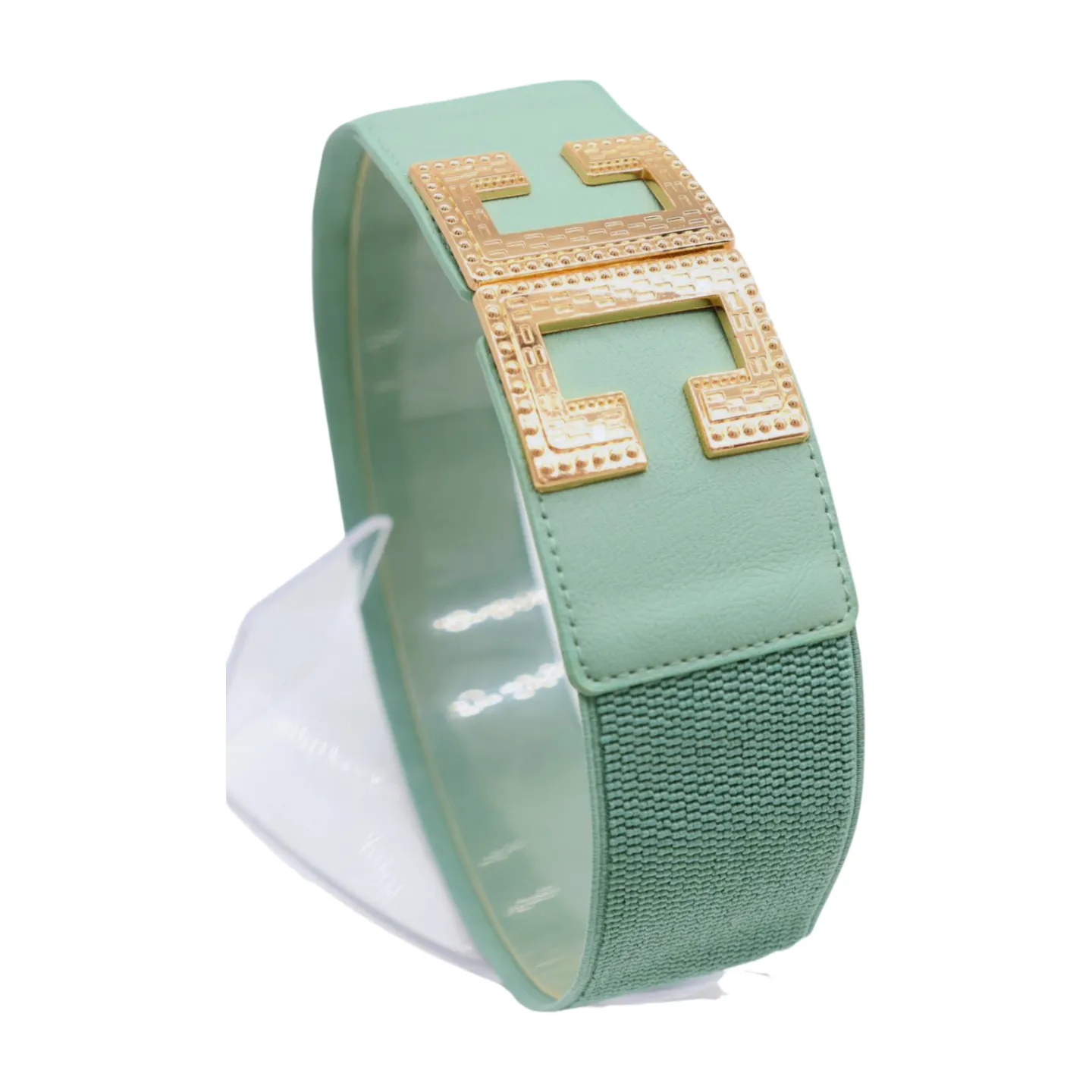 New Women Mint Blue Green Elastic Fashion Belt Gold Metal C Buckle  S M