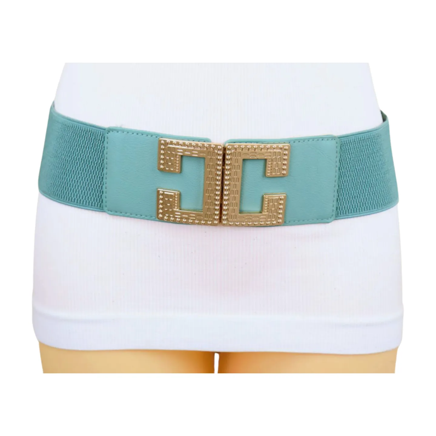 New Women Mint Blue Green Elastic Fashion Belt Gold Metal C Buckle  S M