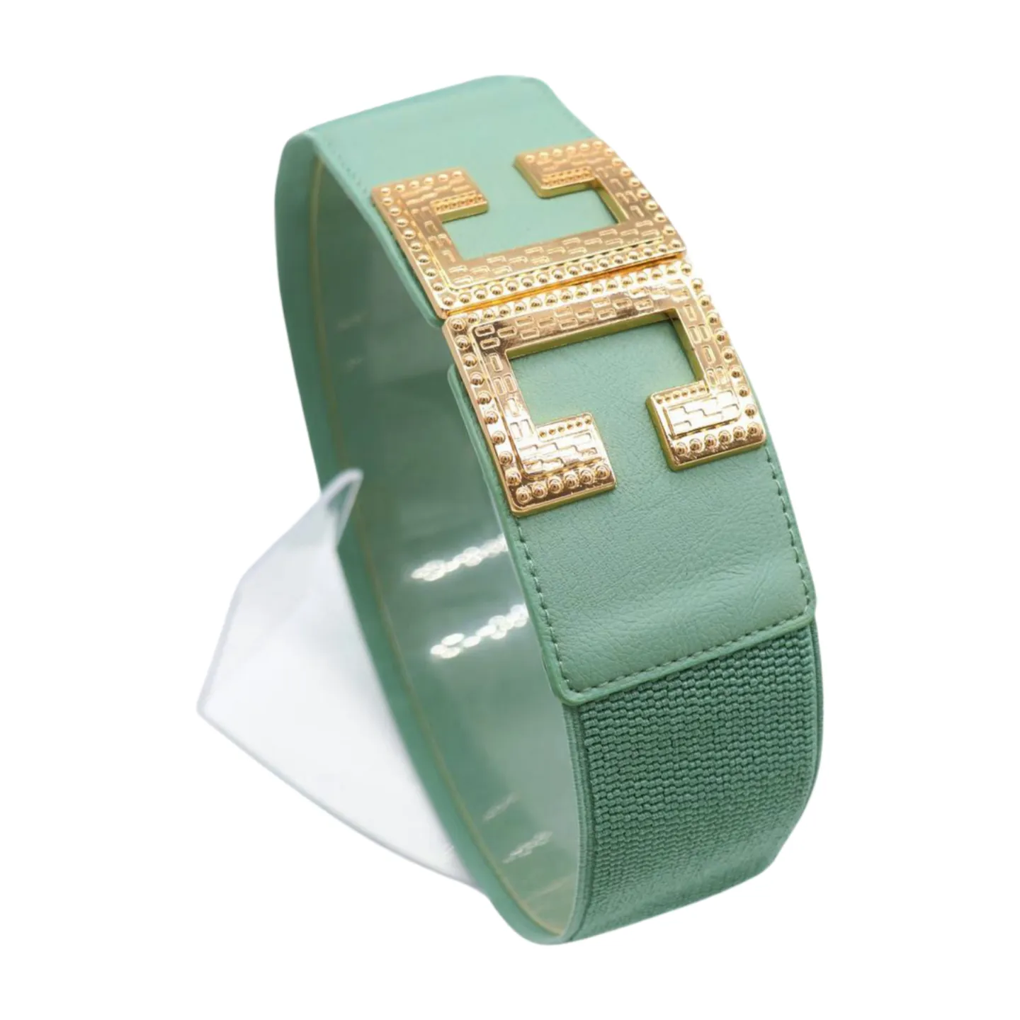 New Women Mint Blue Green Elastic Fashion Belt Gold Metal C Buckle  S M