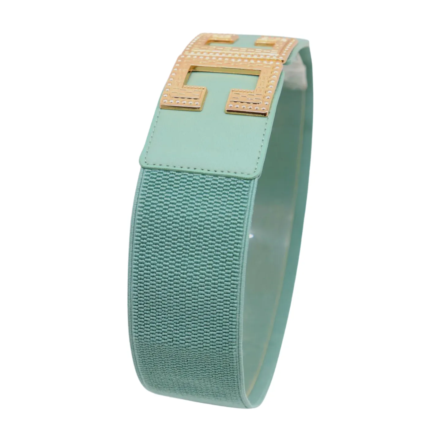 New Women Mint Blue Green Elastic Fashion Belt Gold Metal C Buckle  S M