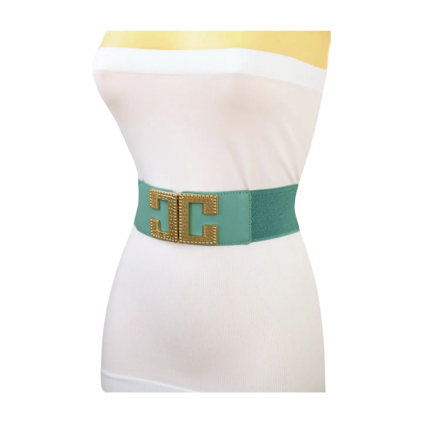 New Women Mint Blue Green Elastic Fashion Belt Gold Metal C Buckle  S M