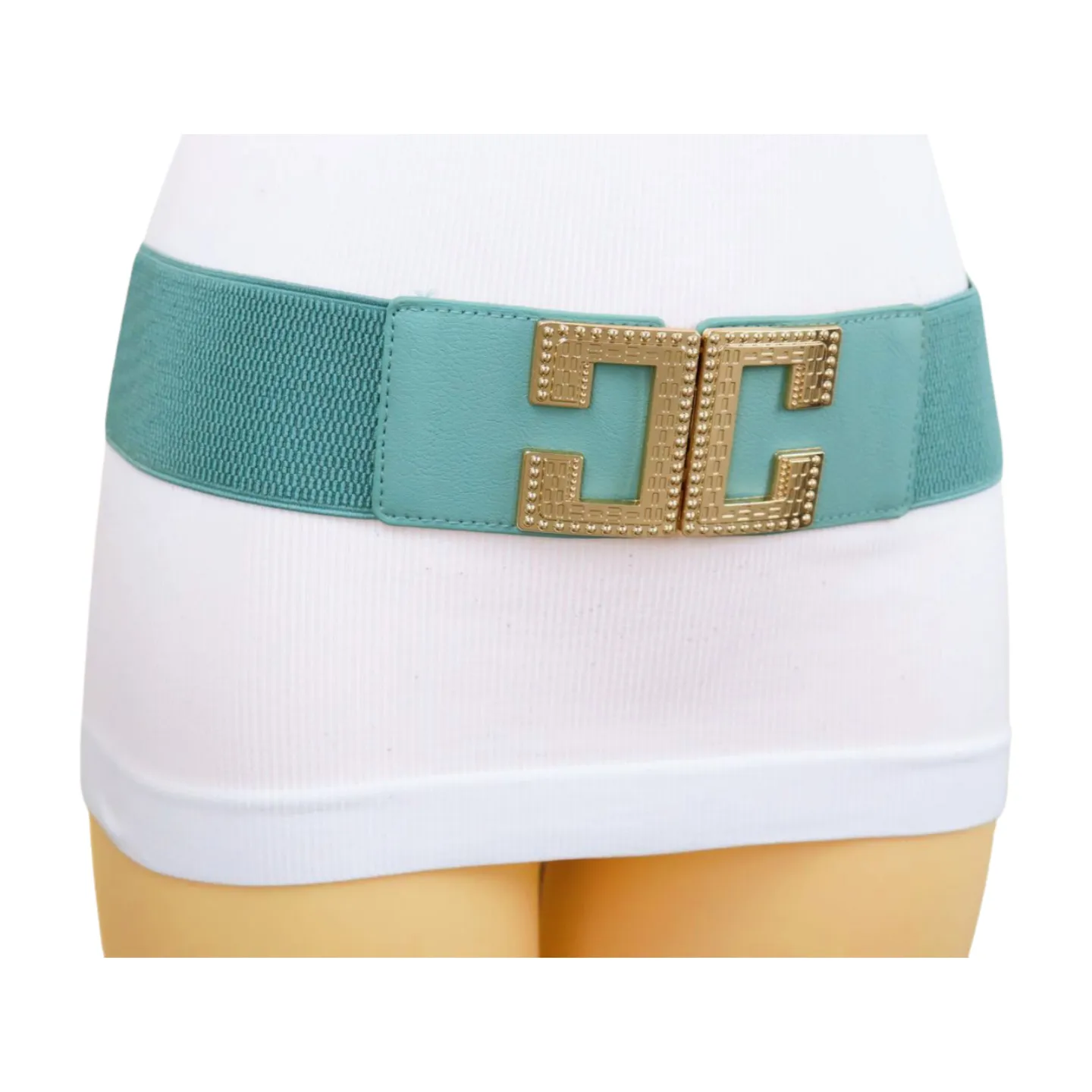 New Women Mint Blue Green Elastic Fashion Belt Gold Metal C Buckle  S M
