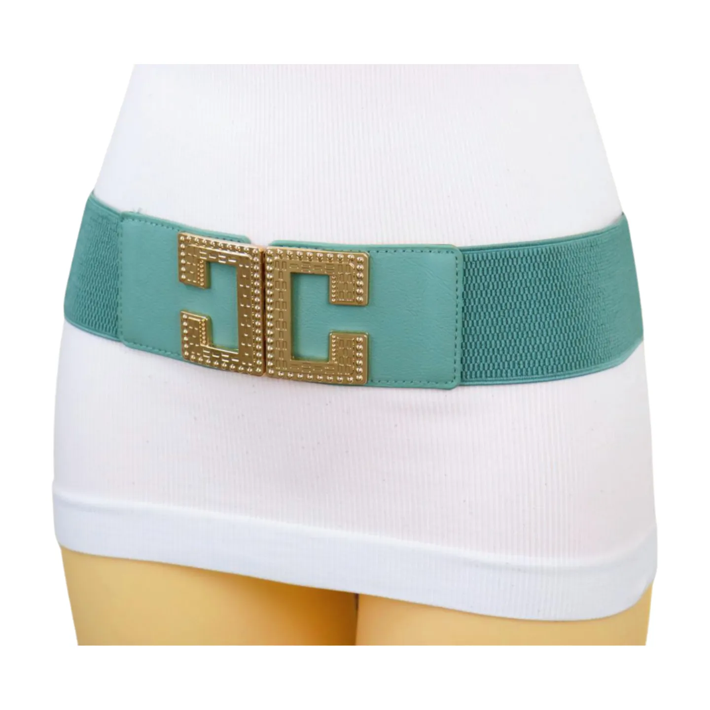 New Women Mint Blue Green Elastic Fashion Belt Gold Metal C Buckle  S M