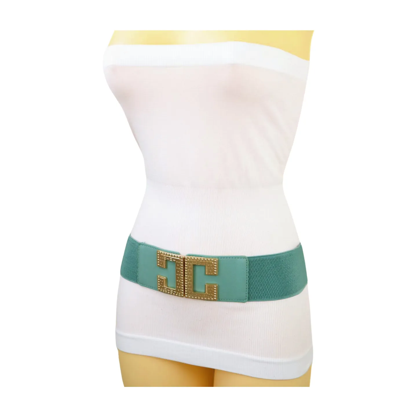 New Women Mint Blue Green Elastic Fashion Belt Gold Metal C Buckle  S M