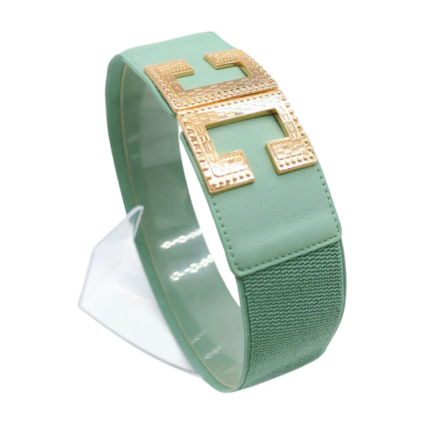 New Women Mint Blue Green Elastic Fashion Belt Gold Metal C Buckle  S M