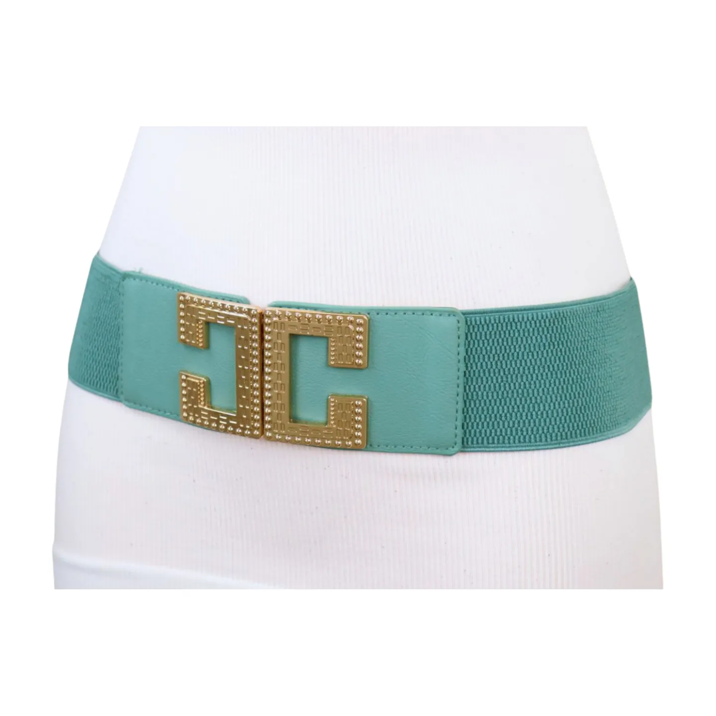 New Women Mint Blue Green Elastic Fashion Belt Gold Metal C Buckle  S M