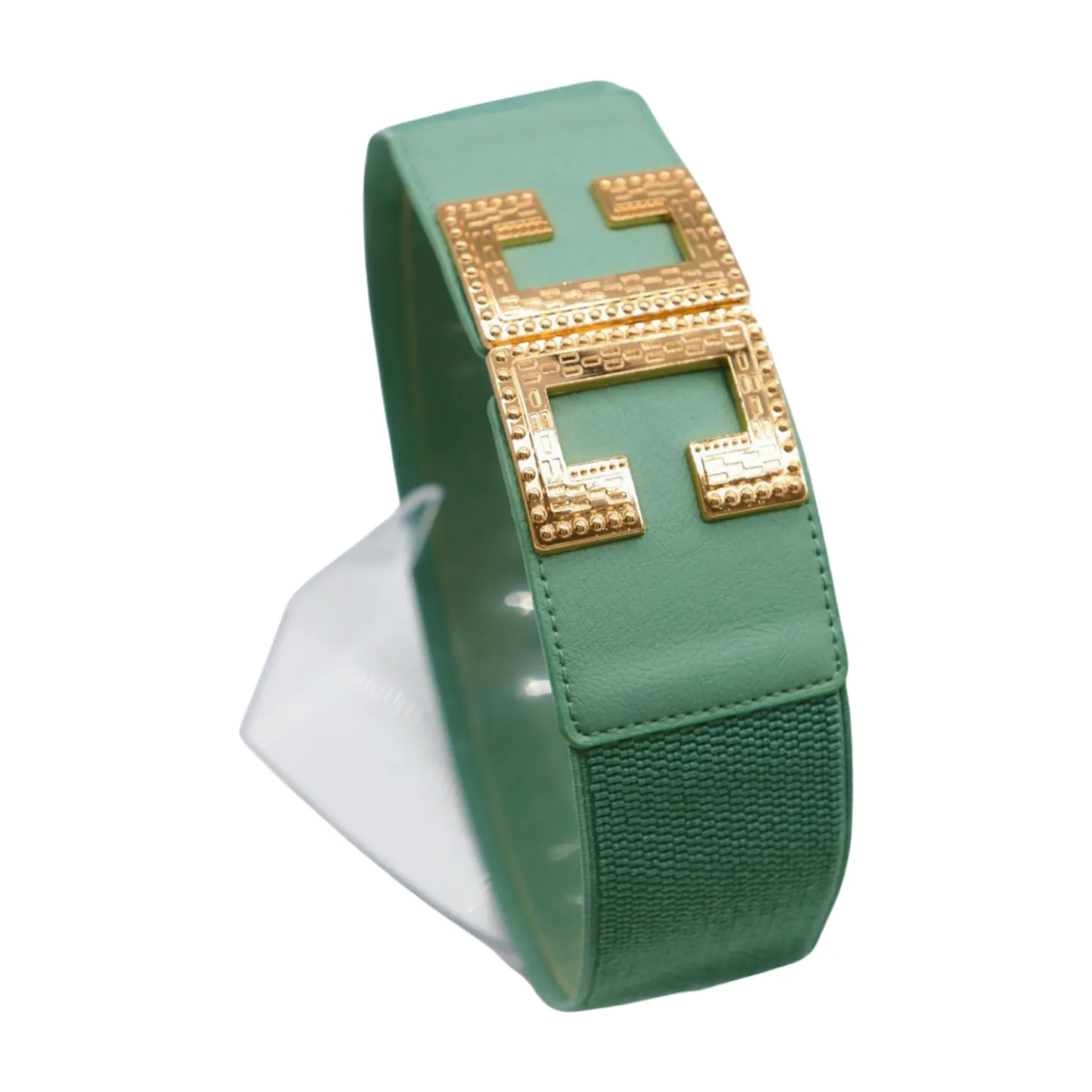 New Women Mint Blue Green Elastic Fashion Belt Gold Metal C Buckle  S M