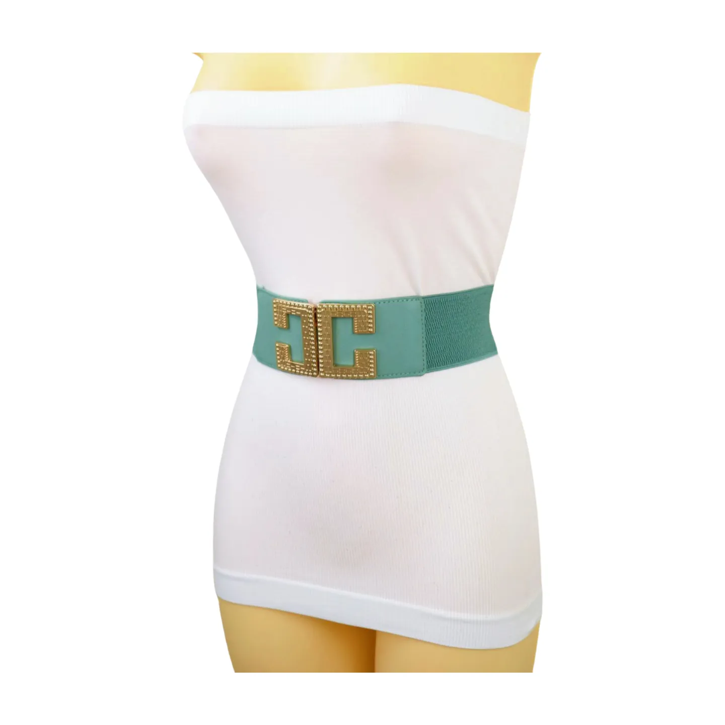 New Women Mint Blue Green Elastic Fashion Belt Gold Metal C Buckle  S M