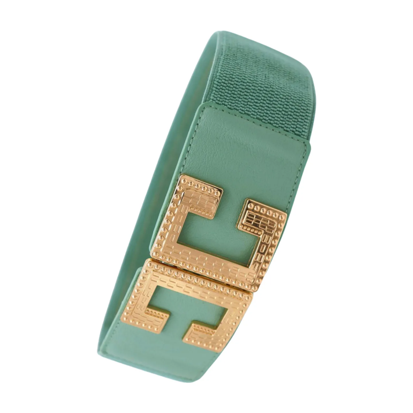 New Women Mint Blue Green Elastic Fashion Belt Gold Metal C Buckle  S M