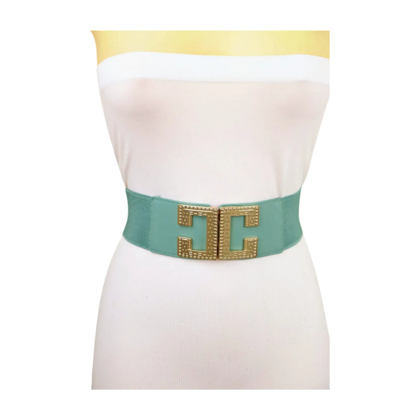 New Women Mint Blue Green Elastic Fashion Belt Gold Metal C Buckle  S M