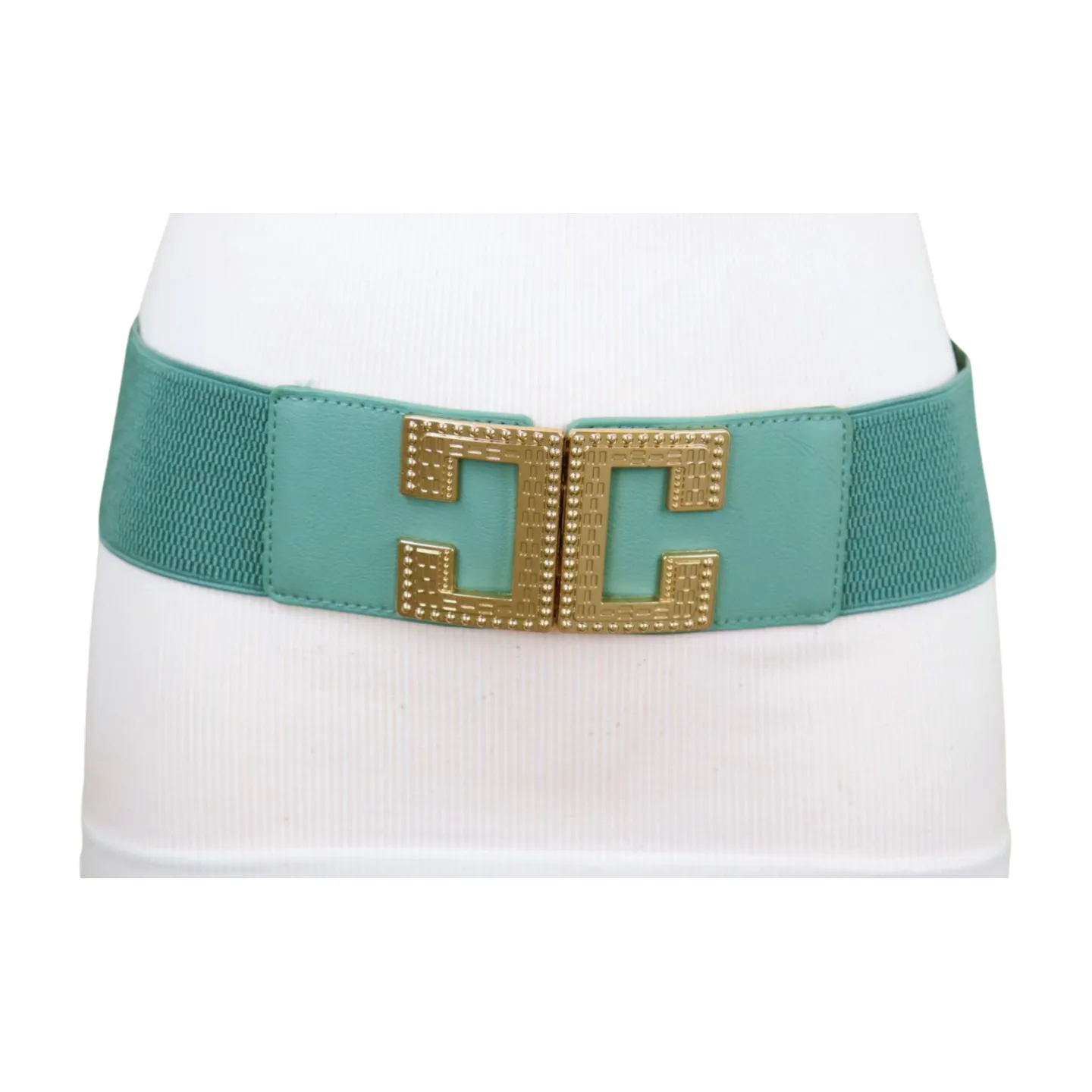 New Women Mint Blue Green Elastic Fashion Belt Gold Metal C Buckle  S M