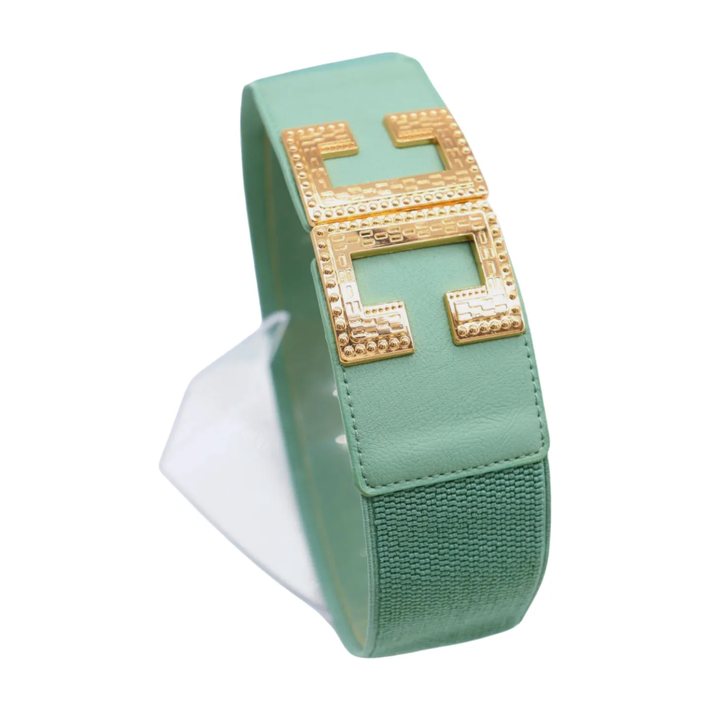 New Women Mint Blue Green Elastic Fashion Belt Gold Metal C Buckle  S M