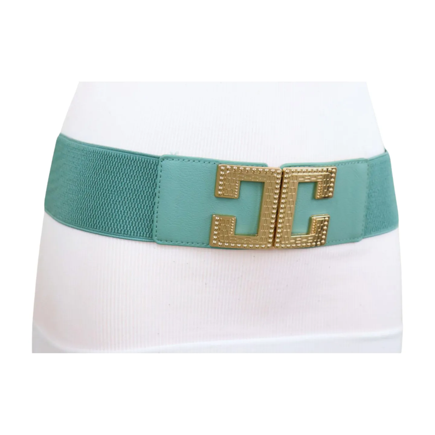 New Women Mint Blue Green Elastic Fashion Belt Gold Metal C Buckle  S M