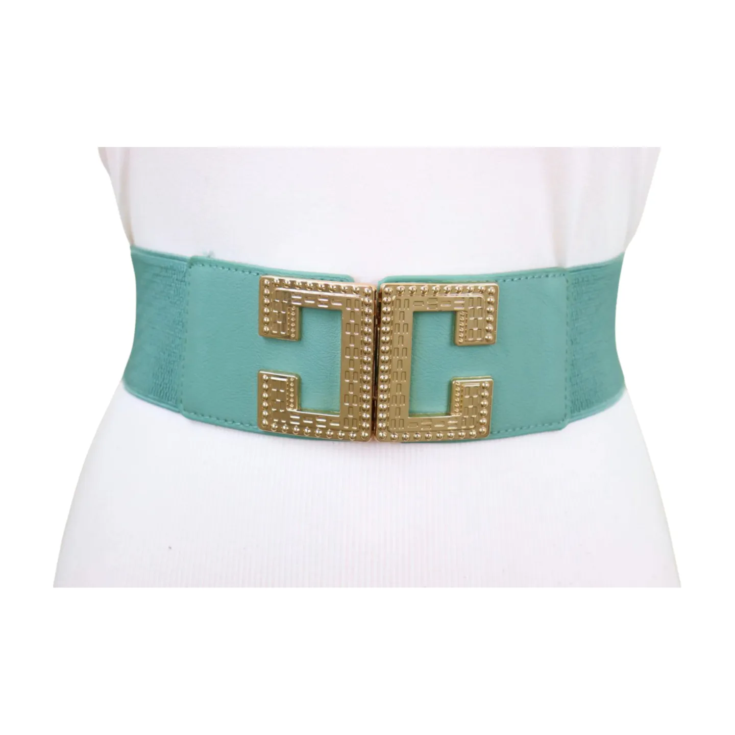 New Women Mint Blue Green Elastic Fashion Belt Gold Metal C Buckle  S M