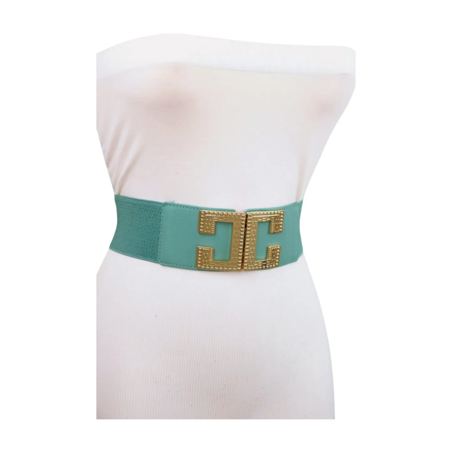 New Women Mint Blue Green Elastic Fashion Belt Gold Metal C Buckle  S M