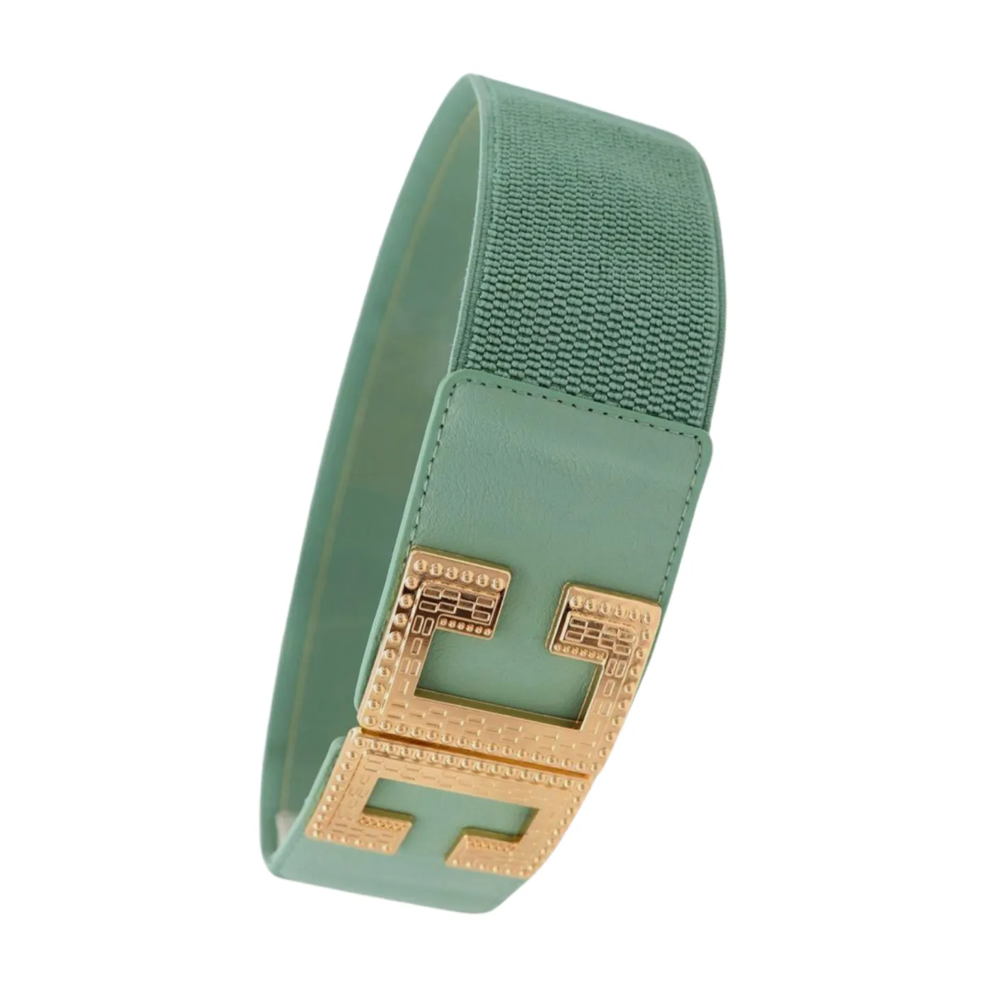 New Women Mint Blue Green Elastic Fashion Belt Gold Metal C Buckle  S M