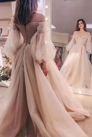 Off the shoulder Beads puff sleeve Tulle Ball Gown Evening Dress