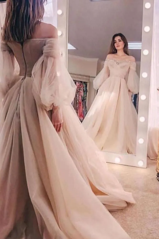 Off the shoulder Beads puff sleeve Tulle Ball Gown Evening Dress