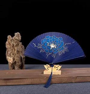 Oggo Chinese Fan, Hand Painted Color, Classical Bamboo Silk Folding Fan Hand Fan with Tassel and Gift Box for Party Decorations Dancing, Wedding, Birthday and Favors(Including Stand)