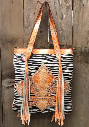 Orange Croc Leather With Zebra Hair And Orange Fleur de Lis