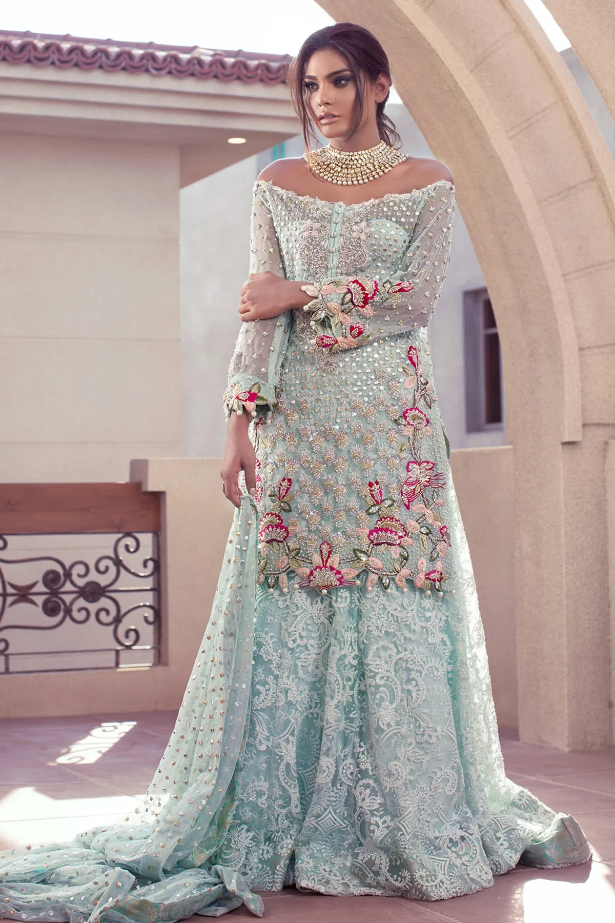 Pakistani Designer Net Lehnga in Turquoise Color #Y2083