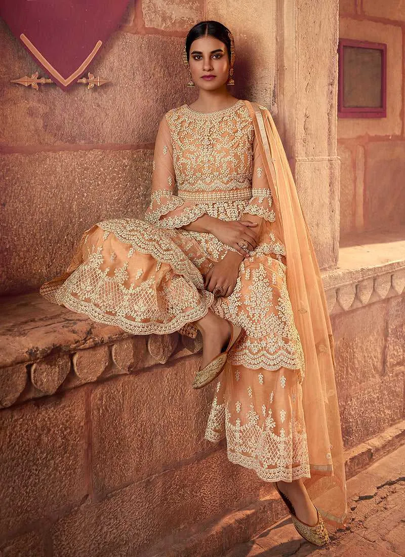 Peach Heavy Embroidered Designer Sharara Style Suit