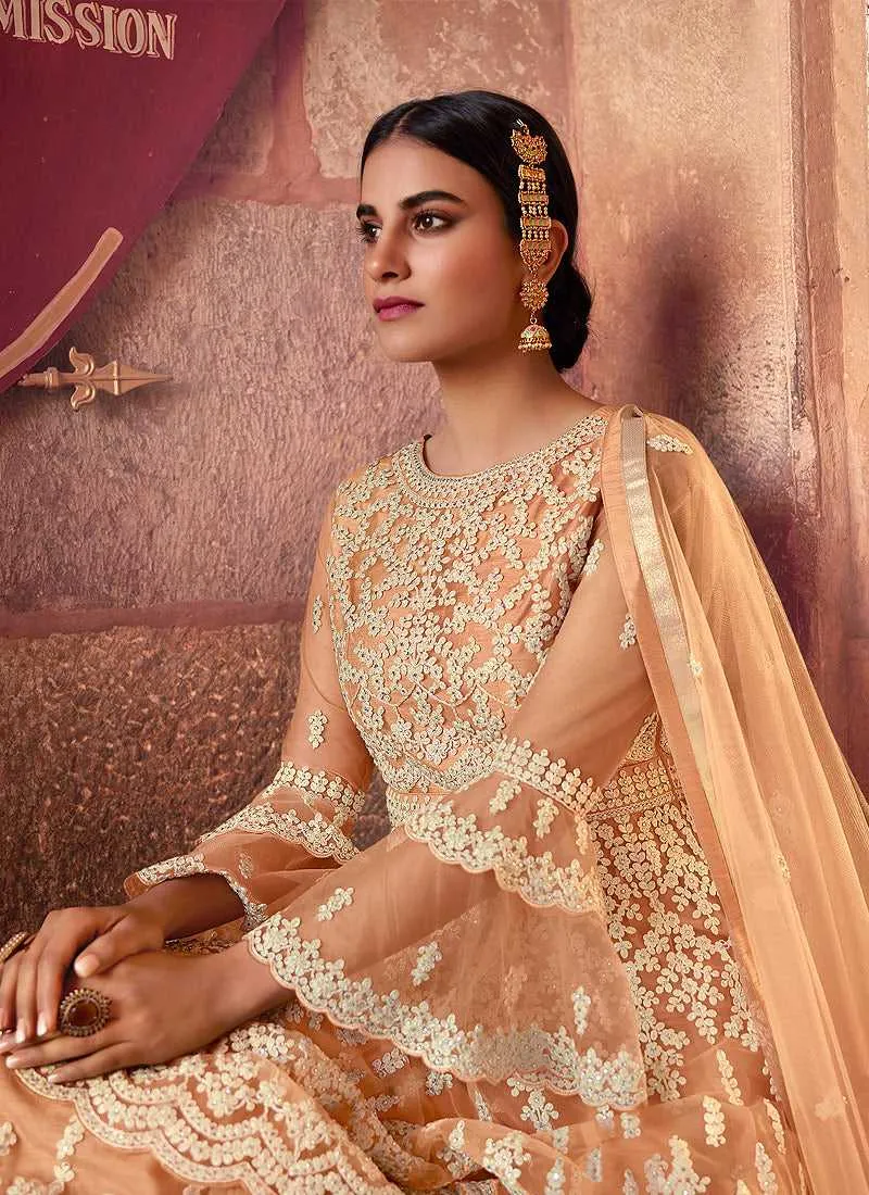 Peach Heavy Embroidered Designer Sharara Style Suit