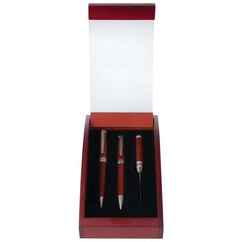 Pen Pencil & Letter Opener in Wood and Glass Display Case Free Shipping