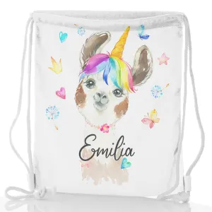 Personalised Glitter Drawstring Backpack with Alpaca Unicorn with Rainbow Hair Hearts Stars and Cute Text