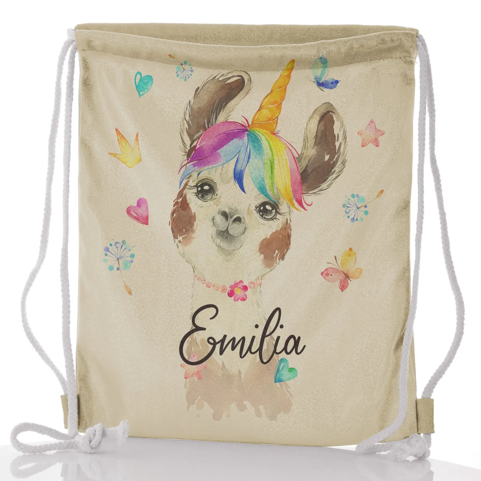 Personalised Glitter Drawstring Backpack with Alpaca Unicorn with Rainbow Hair Hearts Stars and Cute Text