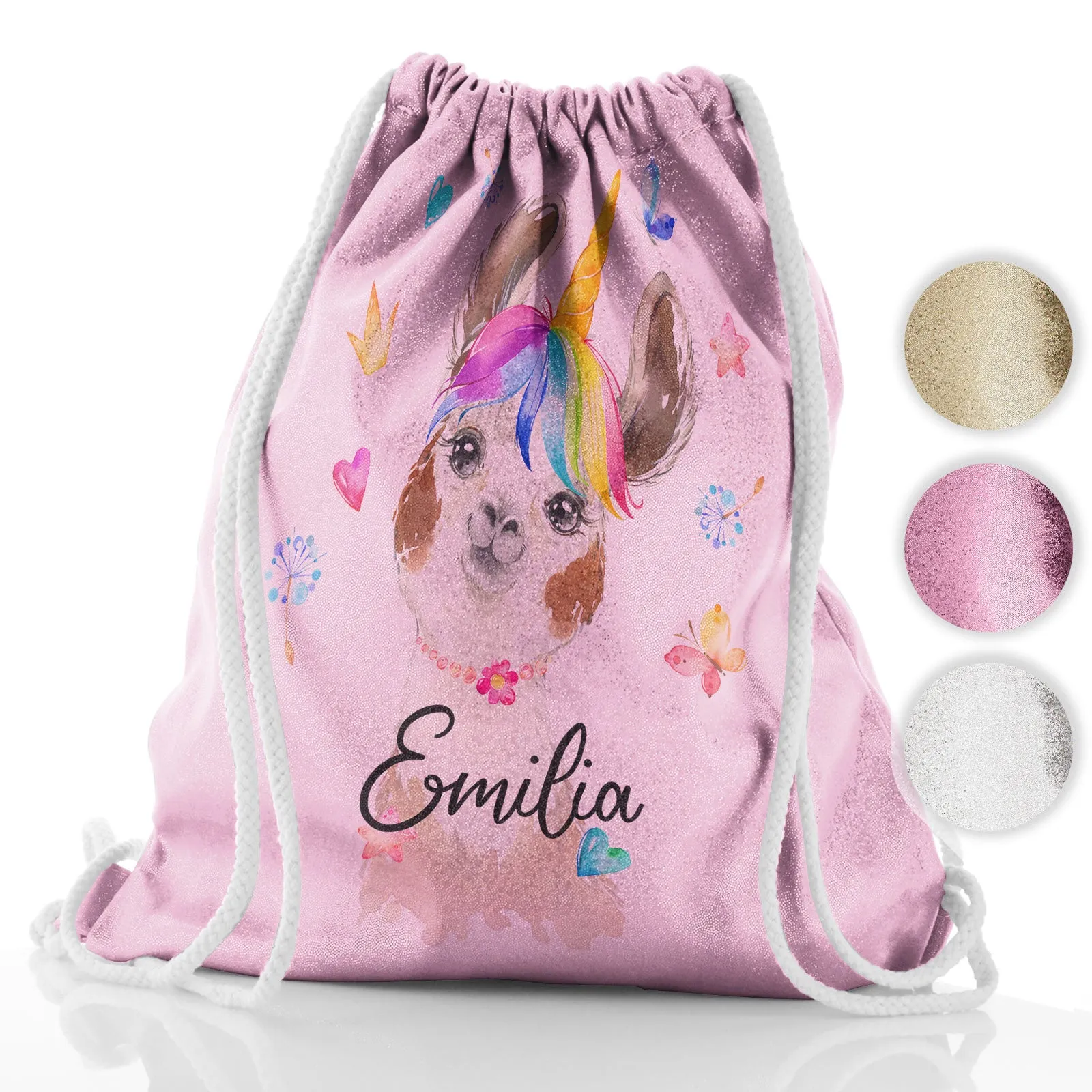 Personalised Glitter Drawstring Backpack with Alpaca Unicorn with Rainbow Hair Hearts Stars and Cute Text