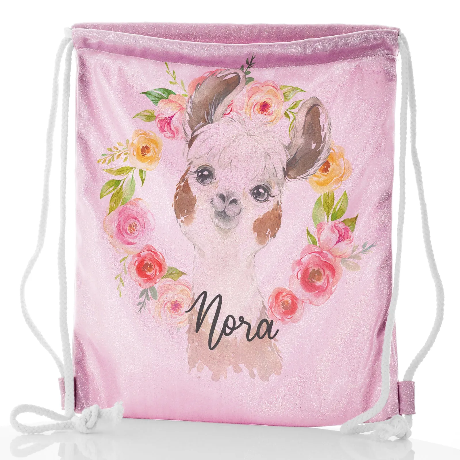 Personalised Glitter Drawstring Backpack with Brown and White Alpaca Multicolour Flower Wreath and Cute Text