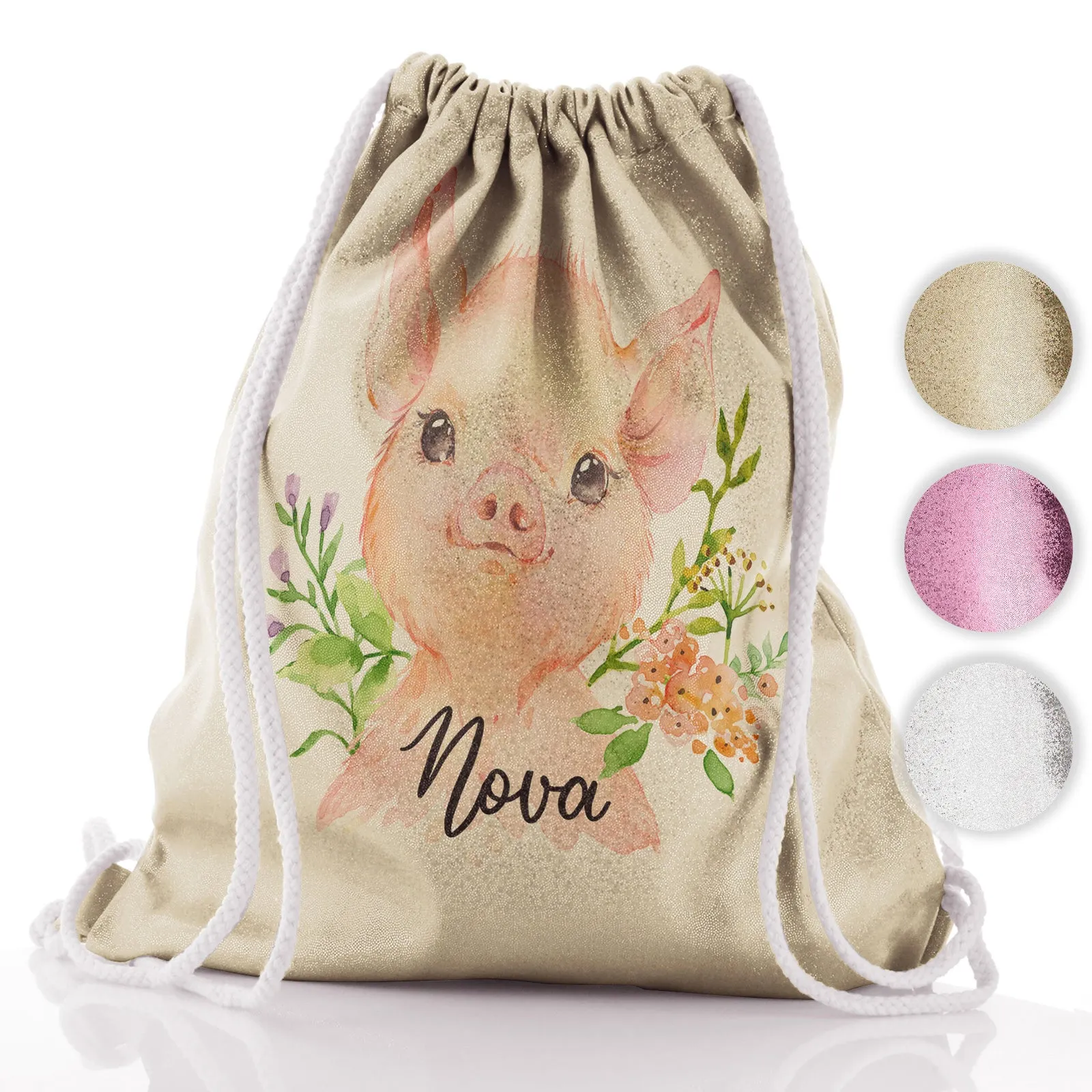 Personalised Glitter Drawstring Backpack with Pink Pig Flowers and Cute Text