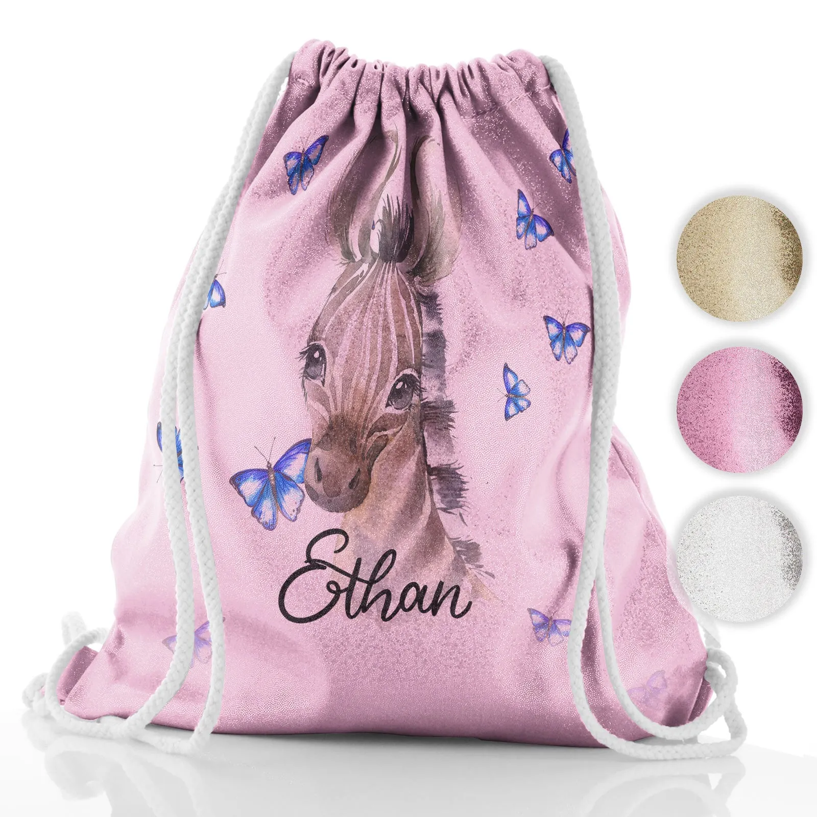 Personalised Glitter Drawstring Backpack with Zebra Blue Butterfly and Cute Text
