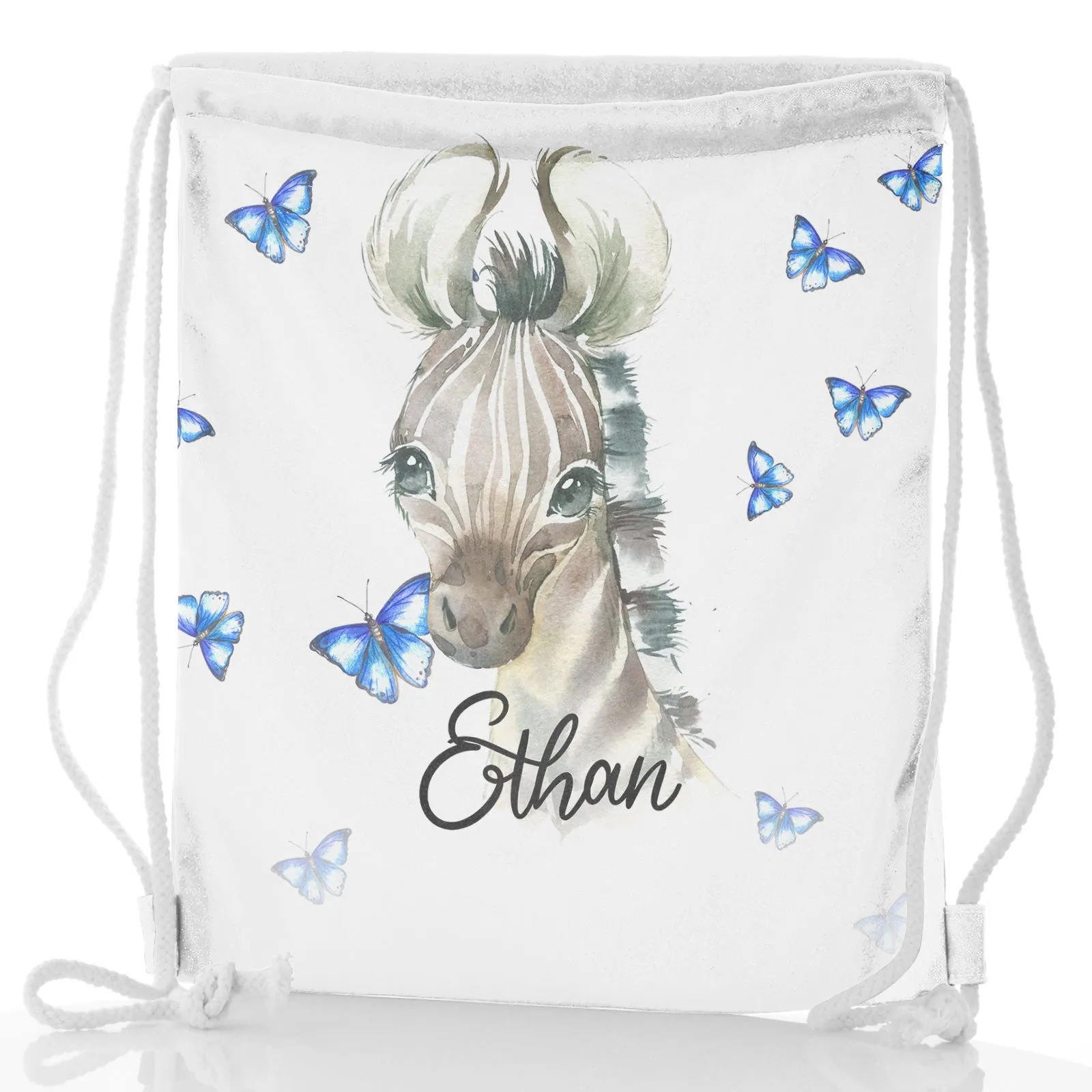 Personalised Glitter Drawstring Backpack with Zebra Blue Butterfly and Cute Text