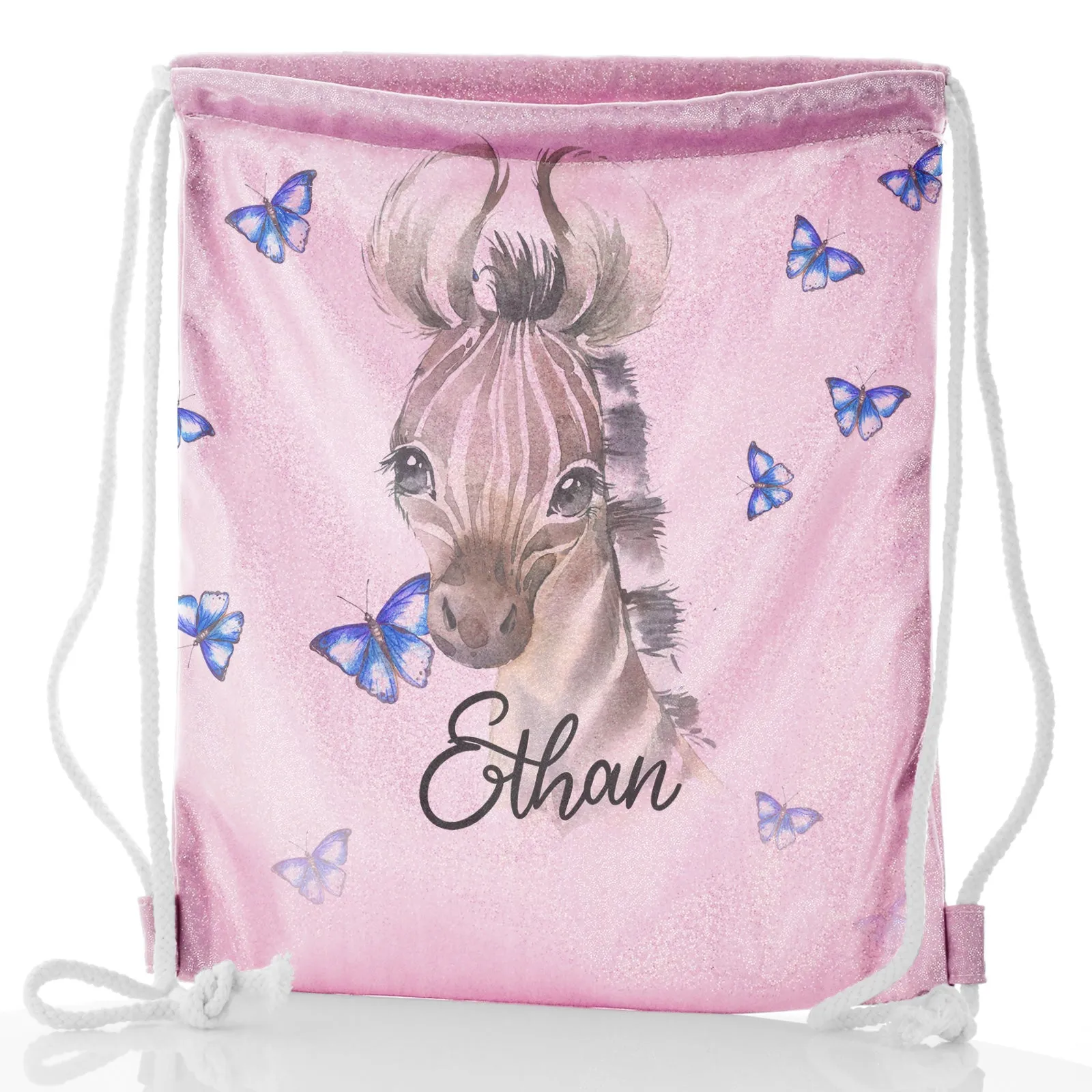 Personalised Glitter Drawstring Backpack with Zebra Blue Butterfly and Cute Text