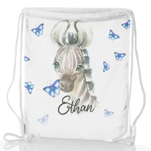 Personalised Glitter Drawstring Backpack with Zebra Blue Butterfly and Cute Text