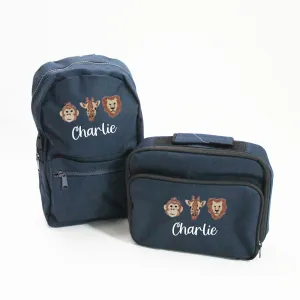 Personalised Navy Backpack & Matching Navy Lunchbox Set - Safari Animals