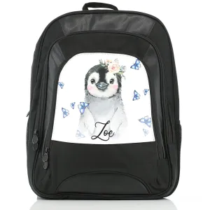 Personalised Rucksack with Grey Penguin Blue Butterflies and Cute Text