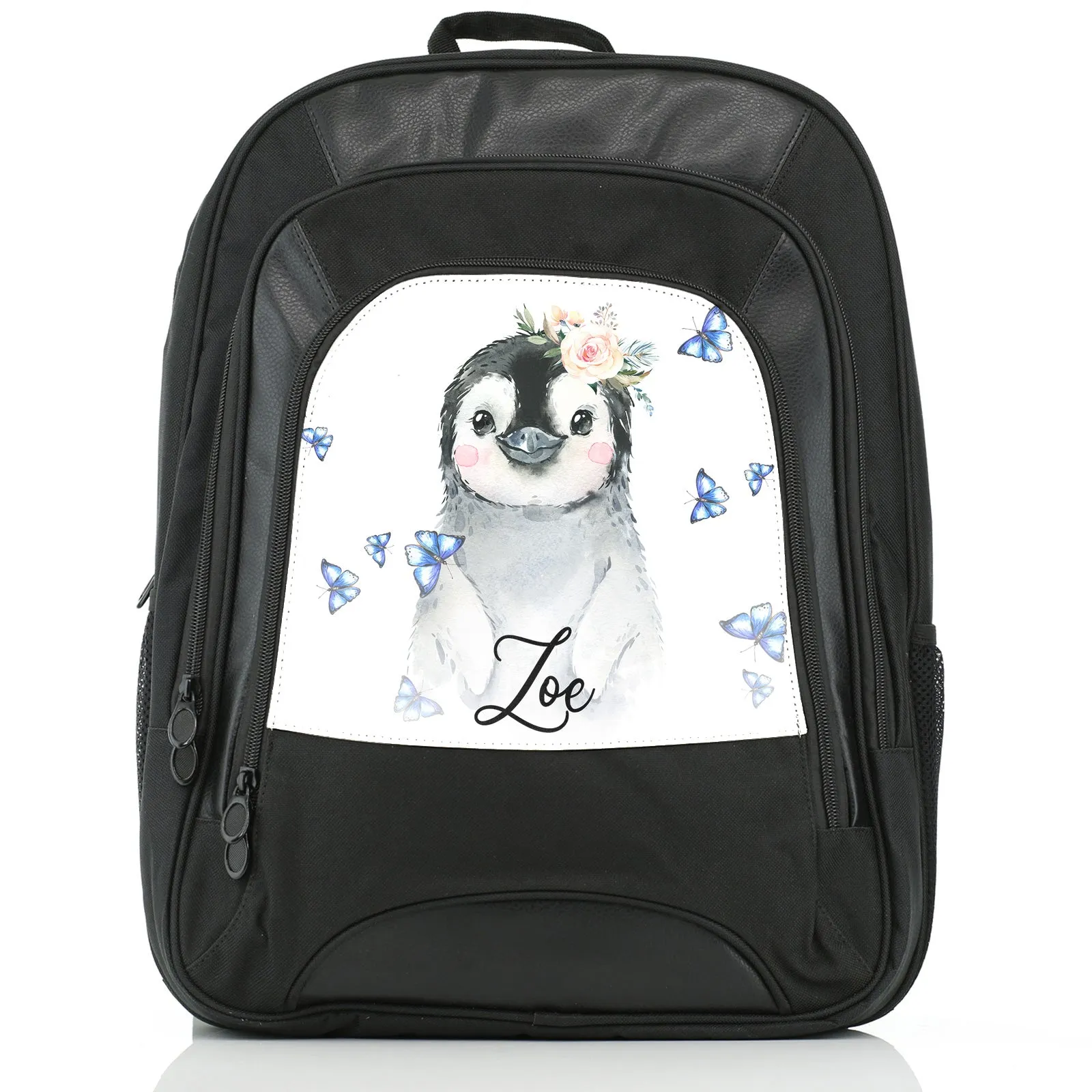 Personalised Rucksack with Grey Penguin Blue Butterflies and Cute Text