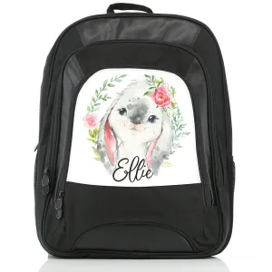 Personalised Rucksack with Grey Rabbit Flower Wreath and Cute Text