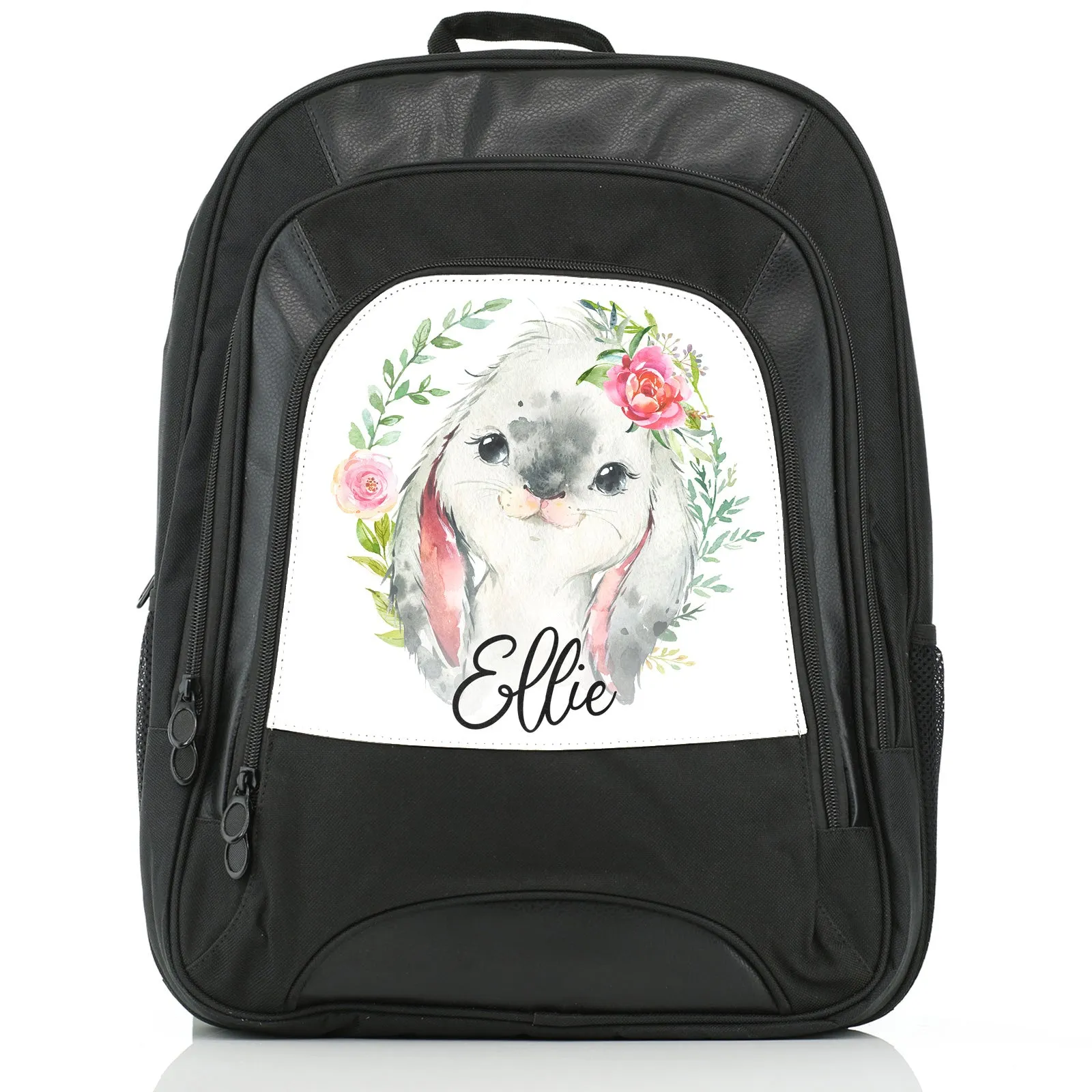 Personalised Rucksack with Grey Rabbit Flower Wreath and Cute Text