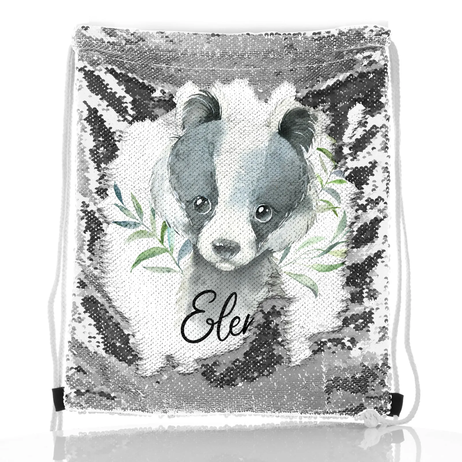 Personalised Sequin Drawstring Backpack with Black and White Badger Leaves and Cute Text