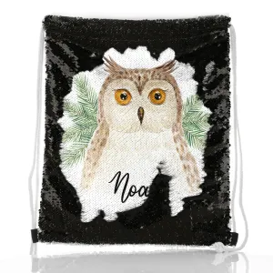 Personalised Sequin Drawstring Backpack with Brown Owl Pine Tree and Cute Text