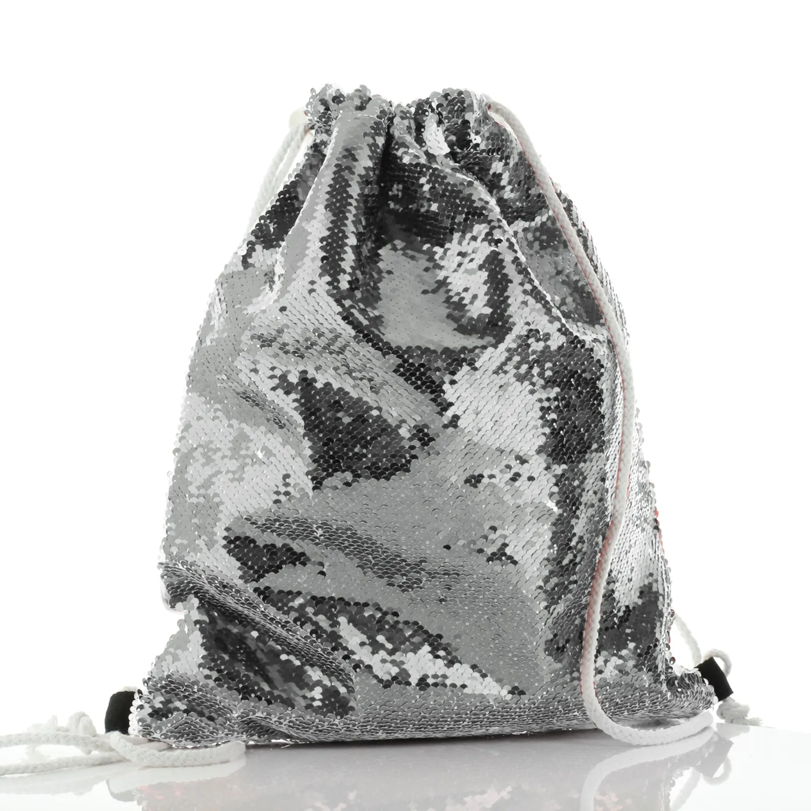 Personalised Sequin Drawstring Backpack with Brown Owl Pine Tree and Cute Text