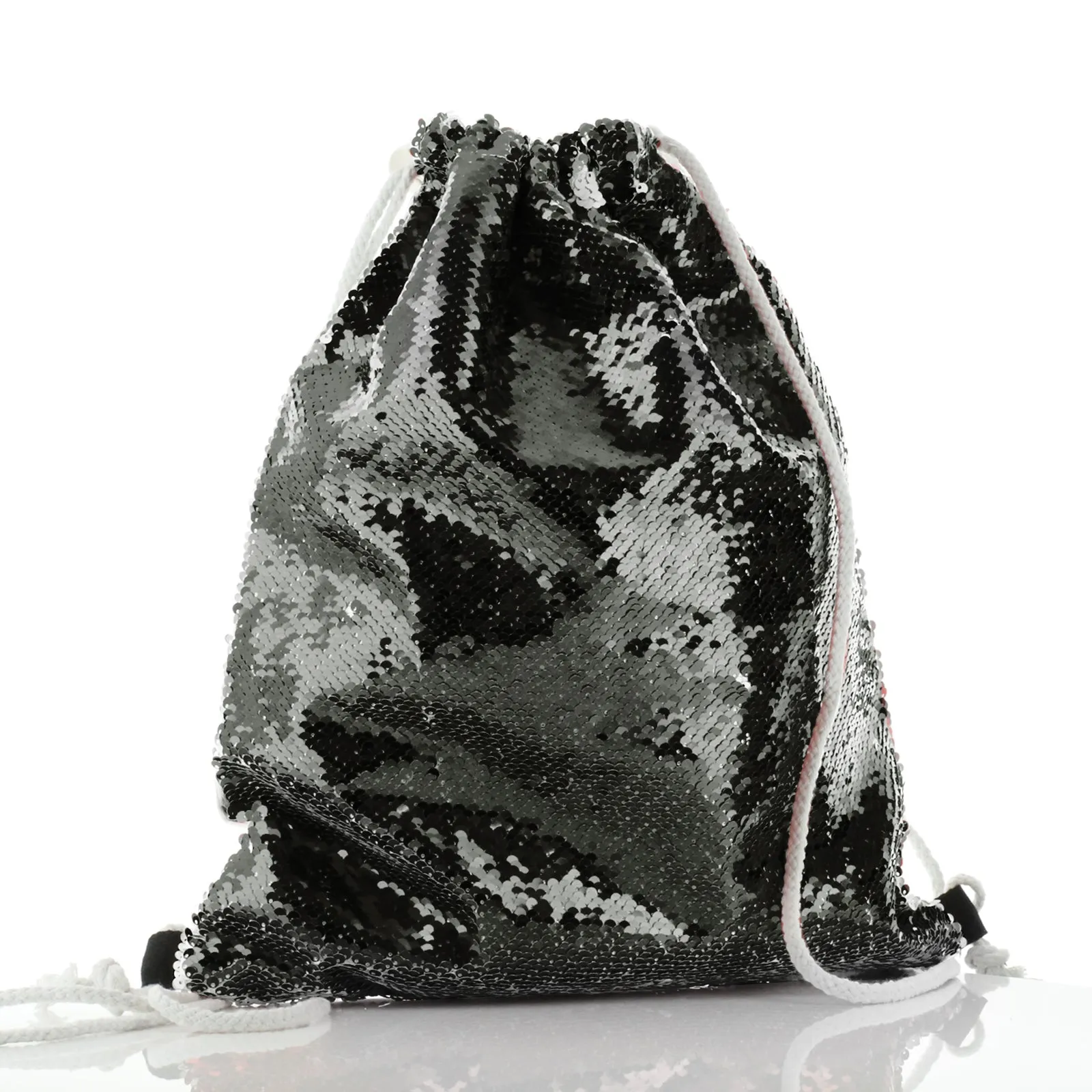Personalised Sequin Drawstring Backpack with Brown Owl Pine Tree and Cute Text