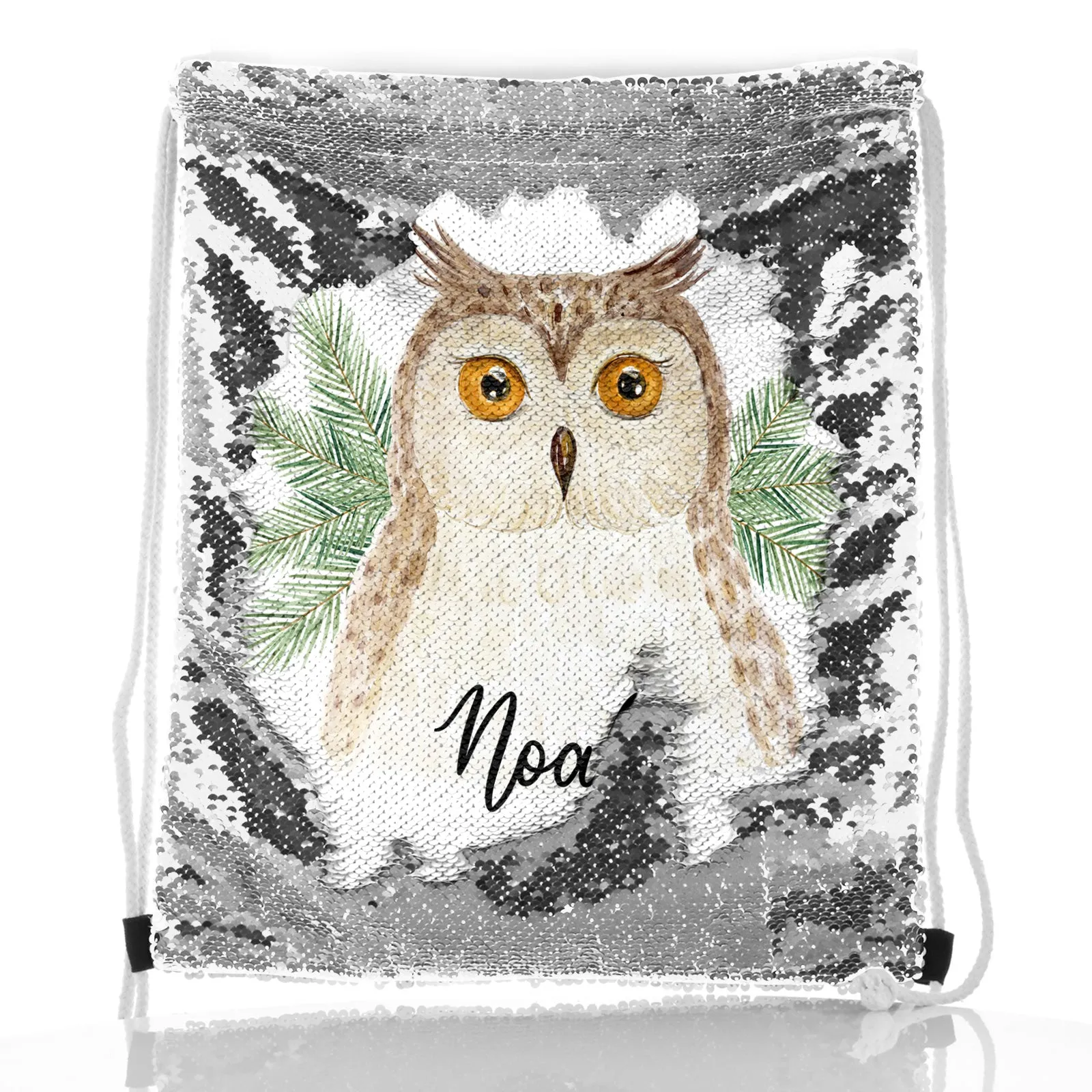 Personalised Sequin Drawstring Backpack with Brown Owl Pine Tree and Cute Text