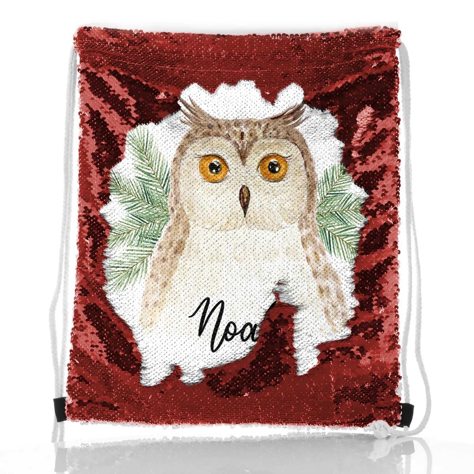 Personalised Sequin Drawstring Backpack with Brown Owl Pine Tree and Cute Text
