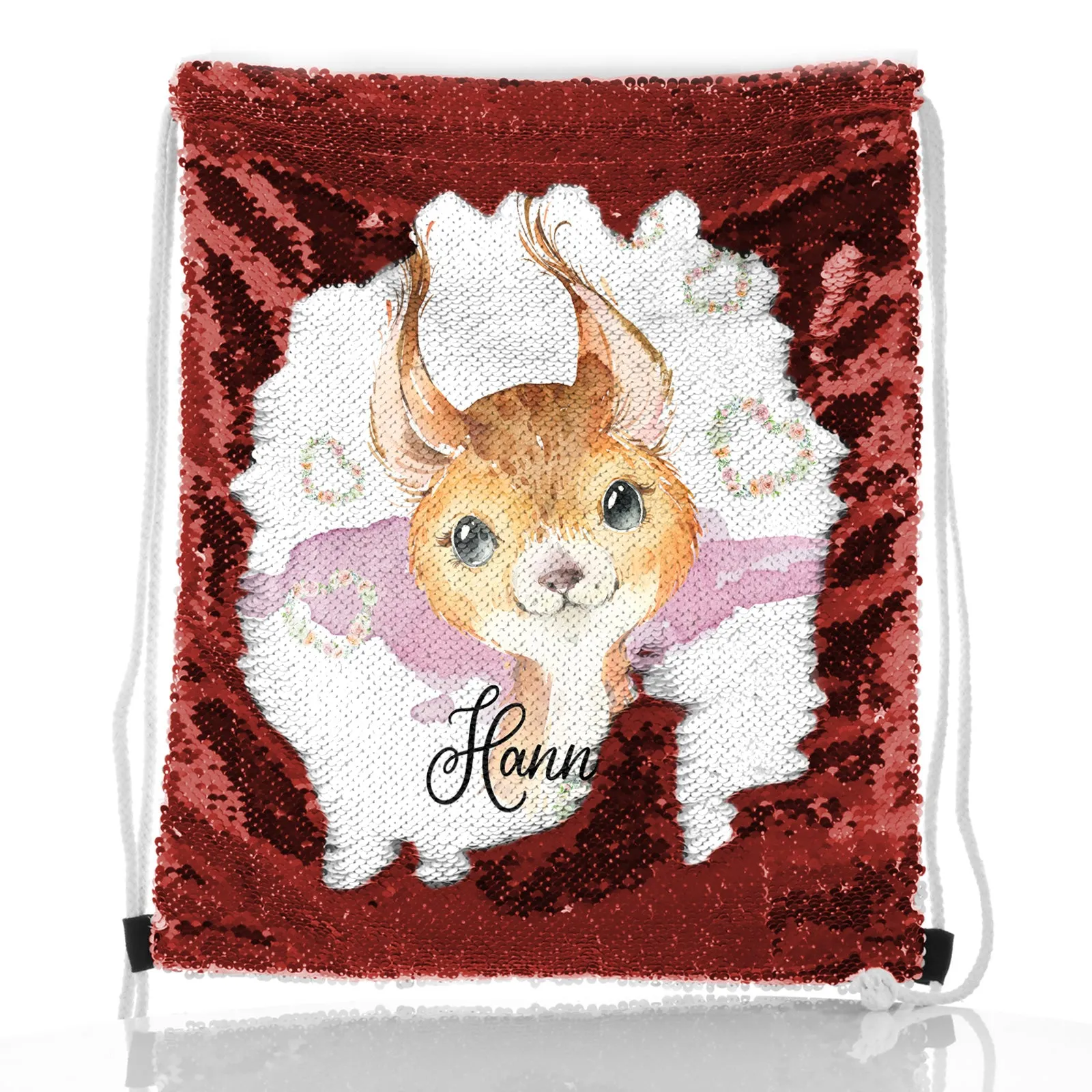 Personalised Sequin Drawstring Backpack with Red squirrel Heart Wreaths and Cute Text